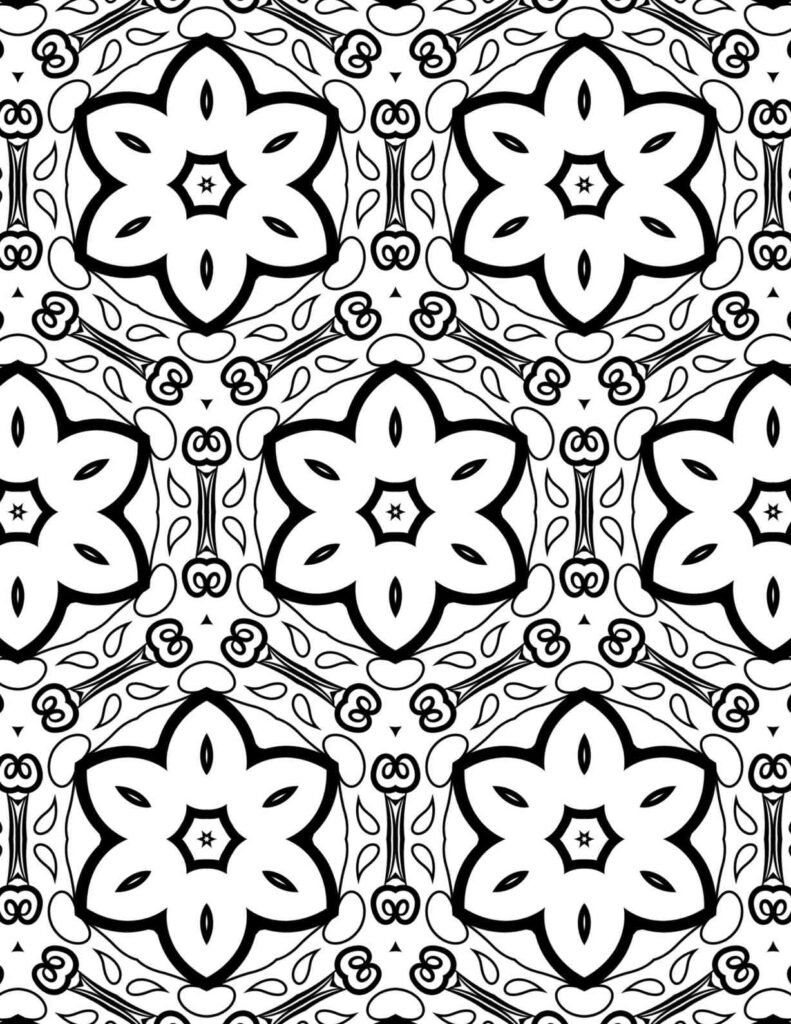 Beautiful intricate floral mandala pattern with six-petal blossoms and delicate scrolling connectors, ideal for coloring relaxation.