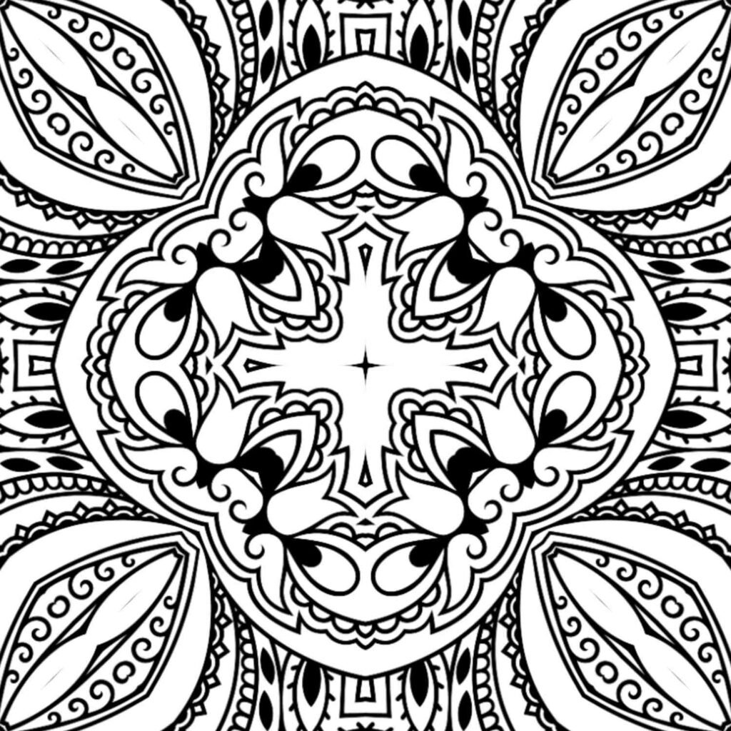 Symmetrical black and white mandala with a central cross, surrounded by ornate bud-like forms and intricate flowing patterns, perfect for mindful coloring and stress relief.