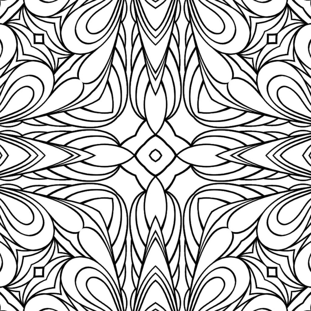 Symmetrical square mandala with a central geometric outline, flowing abstract leaf-like patterns, and angular corner details, ideal for creative and stress-relieving coloring.
