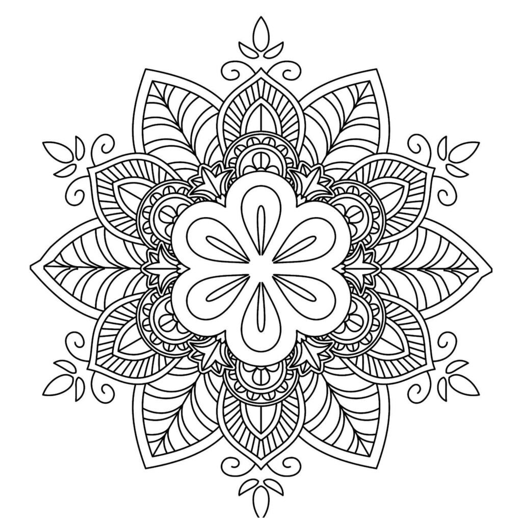 Detailed symmetrical mandala design with layered petals, leaves, and decorative flourishes, perfect for mindful adult coloring.
