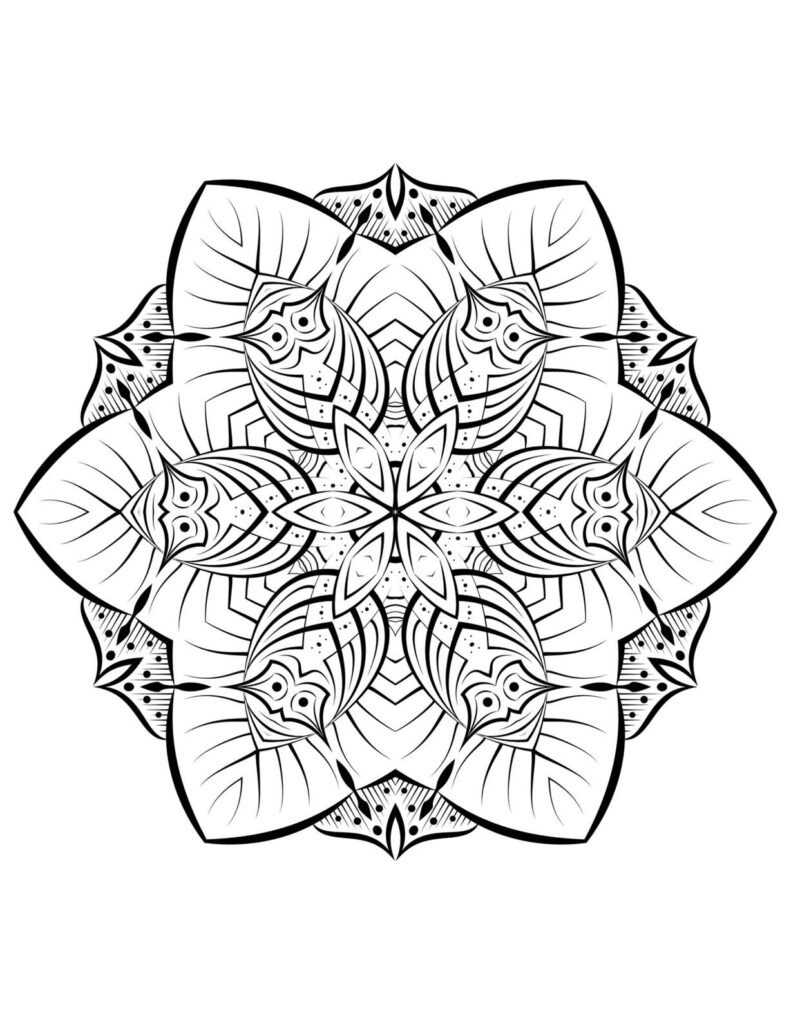 Detailed black and white floral mandala design with large, gracefully curved petals and intricate inner patterns, ideal for coloring and mindfulness.