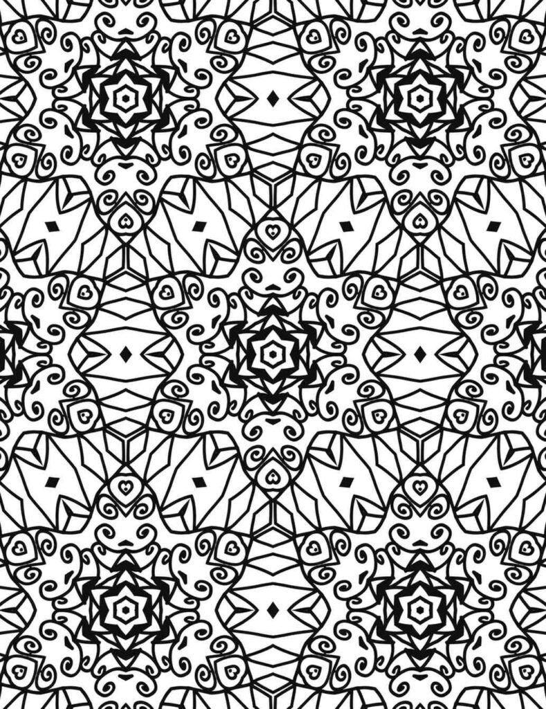 Black and white elegant heart spiral mandala with geometric and swirl patterns for coloring