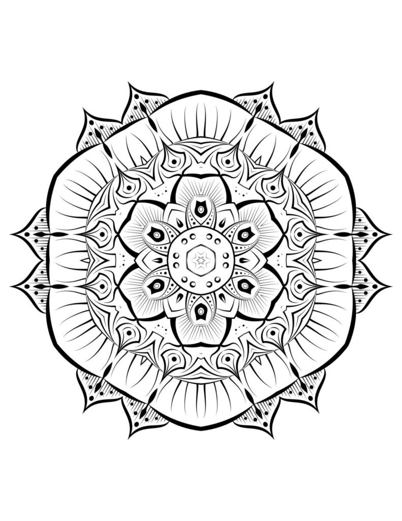 Detailed symmetrical circular mandala with abstract floral and geometric patterns, including striped sections and layered petal-like elements, black and white design for artistic coloring.