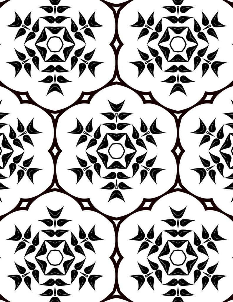 Sophisticated black and white elegant leafstar mandala with octagonal symmetry and diamond borders for coloring and relaxation.