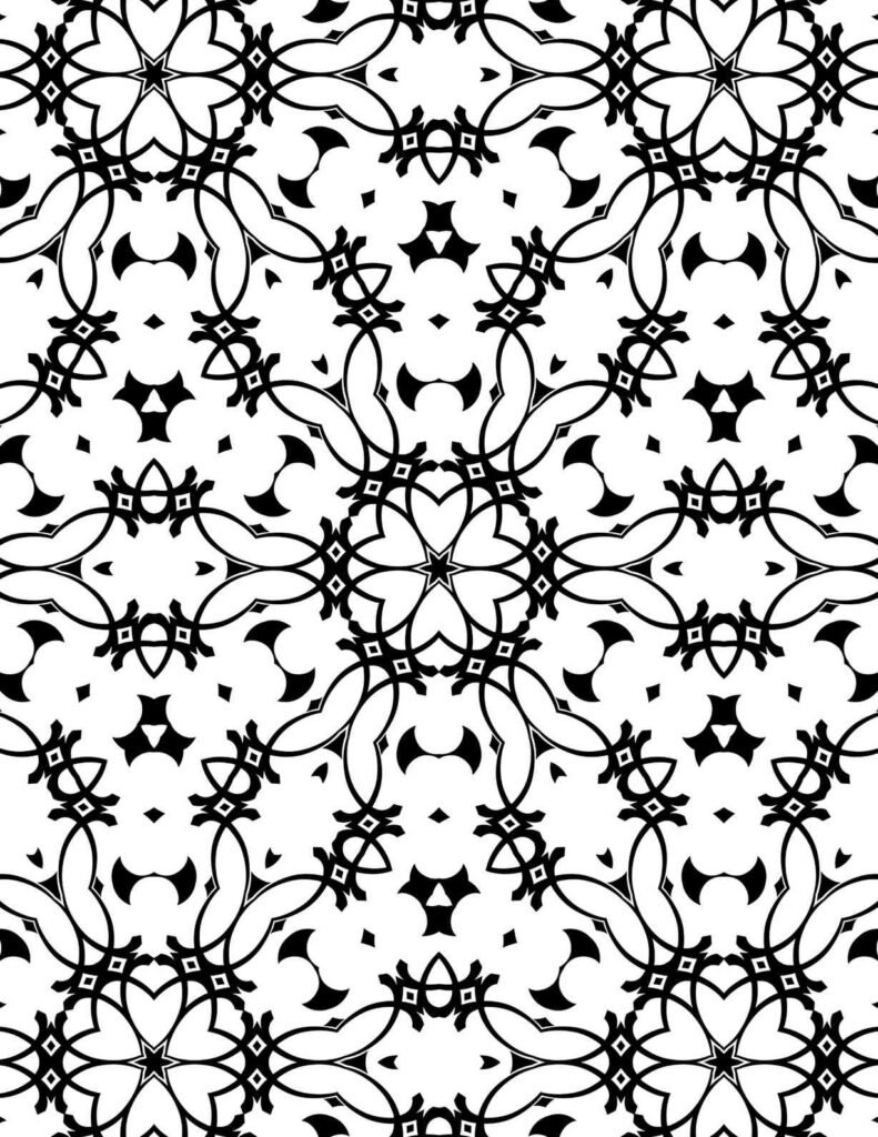 Intricate black and white mandala with looping lines and floral star motifs in a seamless repeating layout
