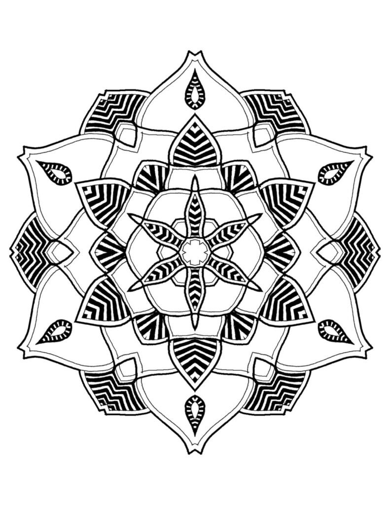 Symmetrical flower mandala with layered pointed petals and intricate chevron patterns, black and white design for adult coloring.