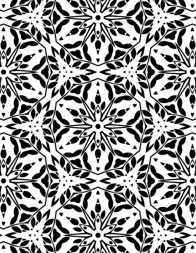 Black and white elegant starleaf mandala with intricate floral star patterns and leafy designs for coloring and meditation.