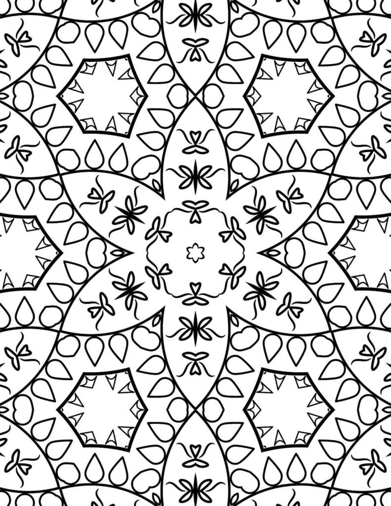 Intricate black-and-white elegant teardrop mandala with floral and teardrop patterns for coloring and meditation