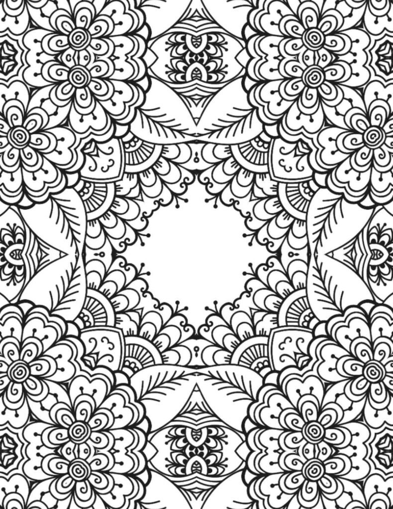 Enchanted garden mandala with floral patterns and intricate swirls for coloring and meditation