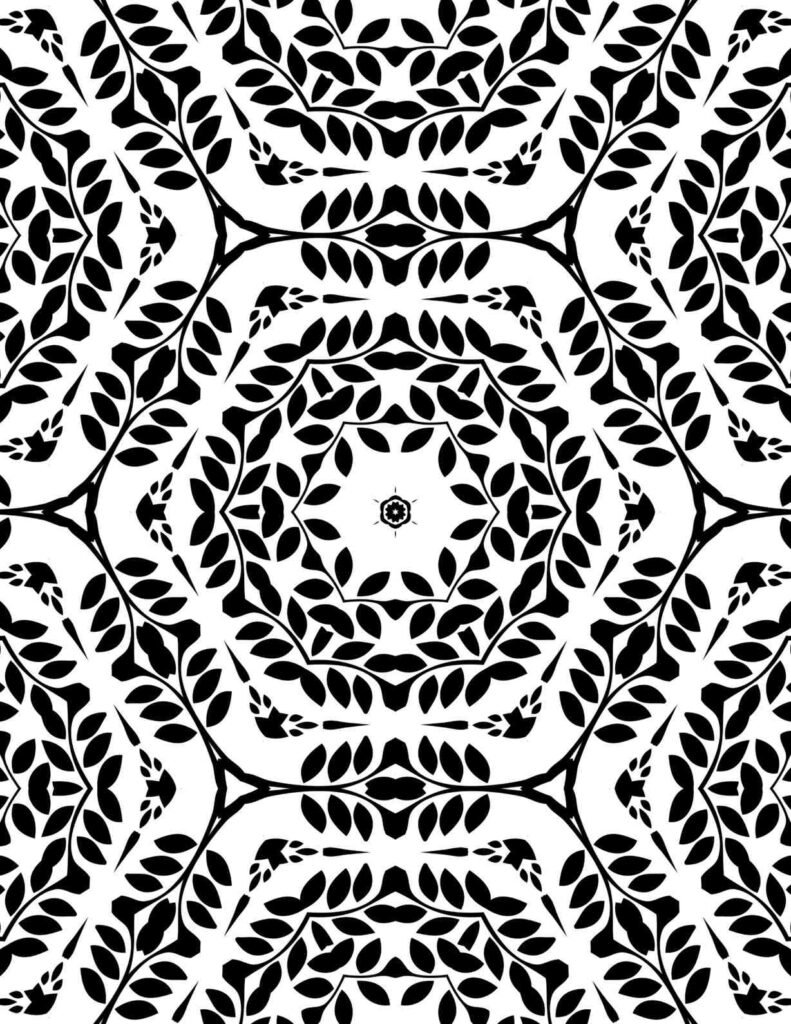Black-and-white mandala with leafy branches, floral accents, and symmetrical patterns, perfect for coloring and nature-inspired mindfulness.