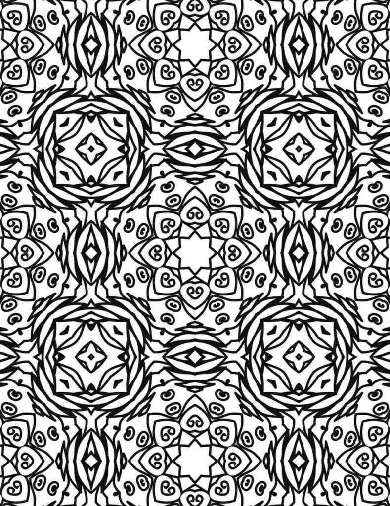 Highly detailed black and white mandala with swirling patterns and geometric accents, perfect for advanced coloring and meditation.