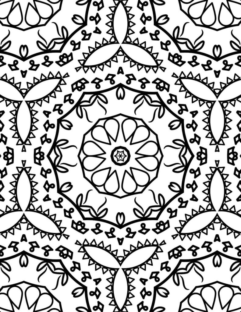 Intricate black and white Enchanted Teardrop Symphony mandala with teardrop shapes, floral accents, and geometric patterns, ideal for coloring and mindfulness.