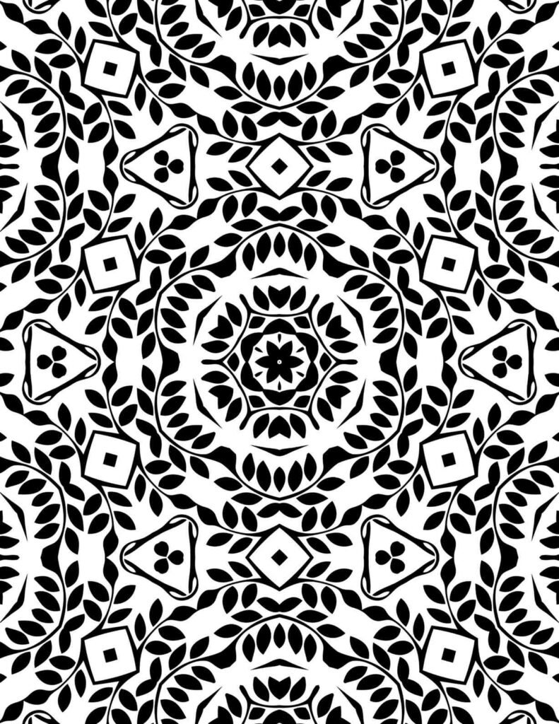 Black and white mandala with intricate vine patterns, floral clusters, and geometric shapes around a star center for coloring and meditation.