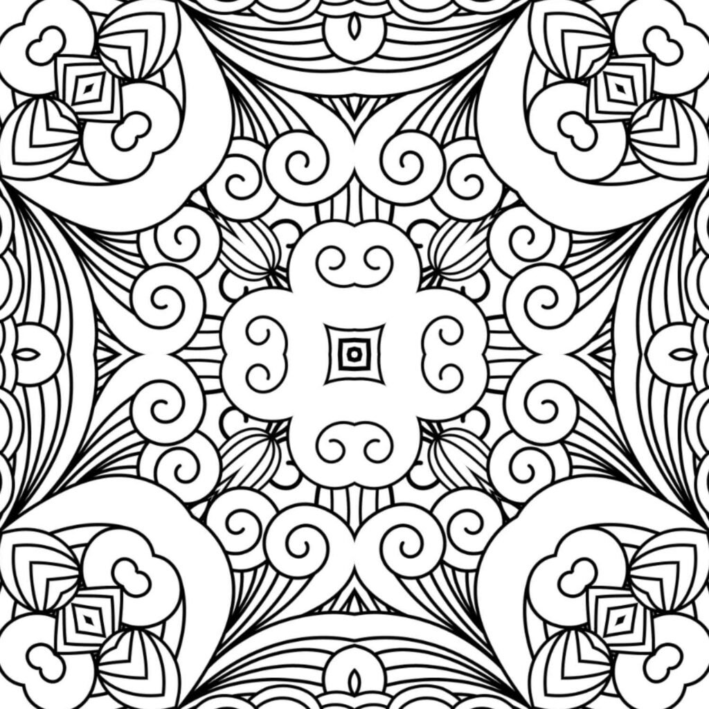 Square mandala design with intricate swirls, rounded motifs, and structured corner elements, ideal for creative coloring and stress relief.