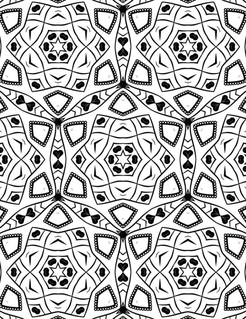Complex Eternal Bloom Mandala with hexagonal floral patterns and heart-shaped accents for coloring and mindfulness.