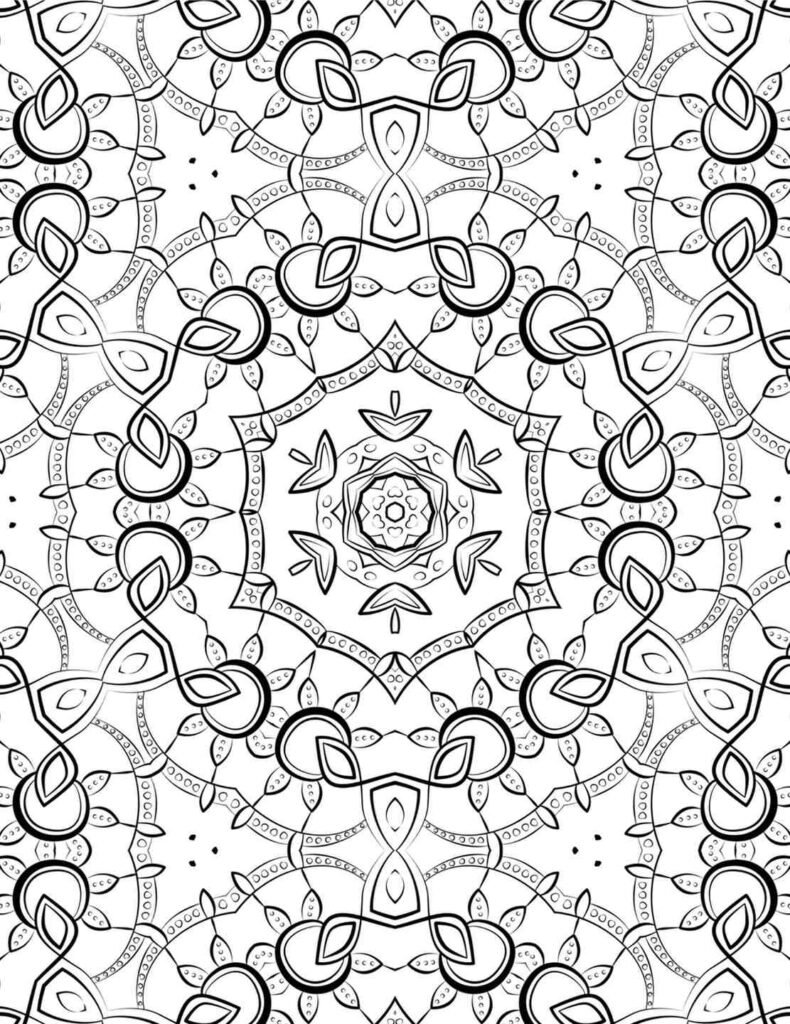 Intricate black-and-white eternal blossom mandala with star center and looping floral patterns for coloring and meditation