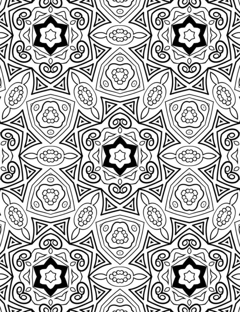 Intricate black-and-white mandala with star centers, geometric shapes, swirling patterns, and circular accents, ideal for coloring and meditation.