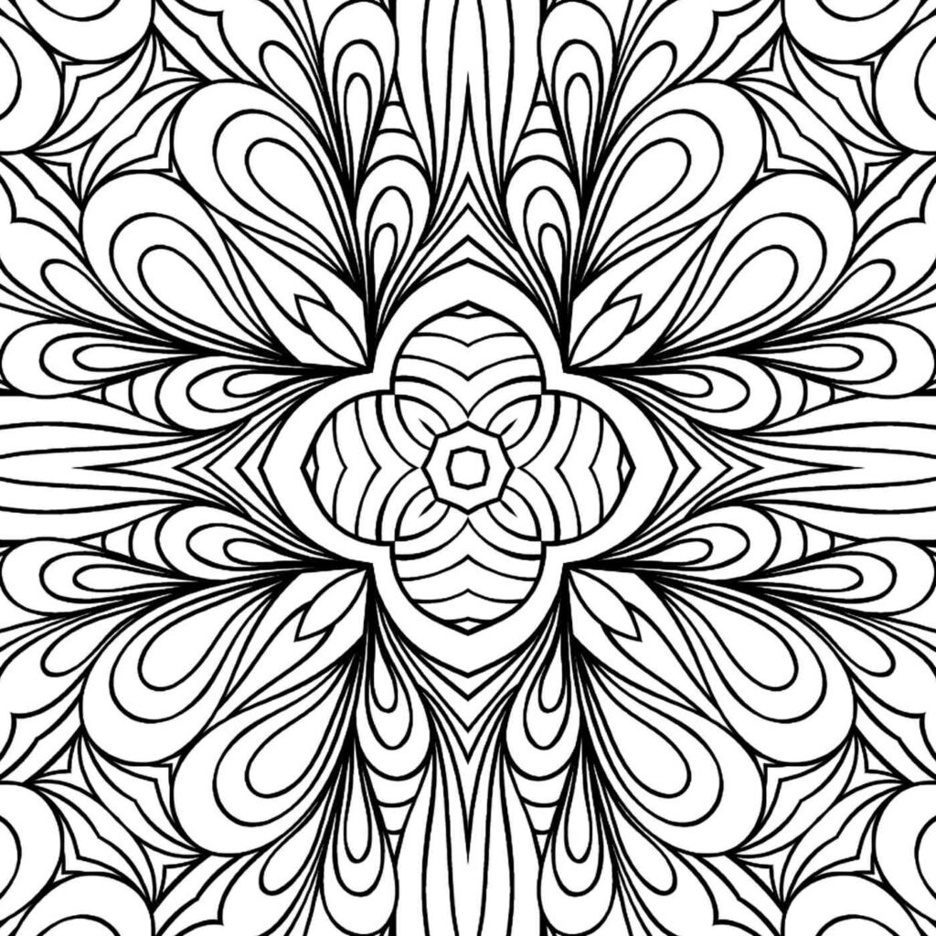 Intricate black and white mandala design featuring flowing, petal-like shapes radiating from a central floral motif.
