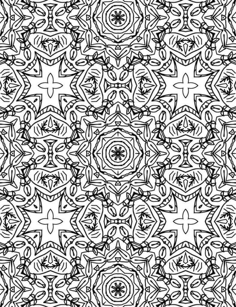 Highly detailed symmetrical mandala coloring page with repeating floral and organic patterns, ideal for mindful coloring and artistic exploration.