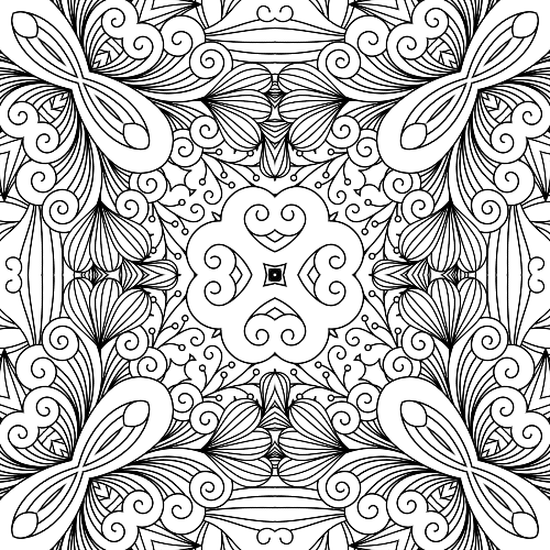 Detailed black and white mandala with symmetrical floral and organic shapes, perfect for adult coloring and stress relief.