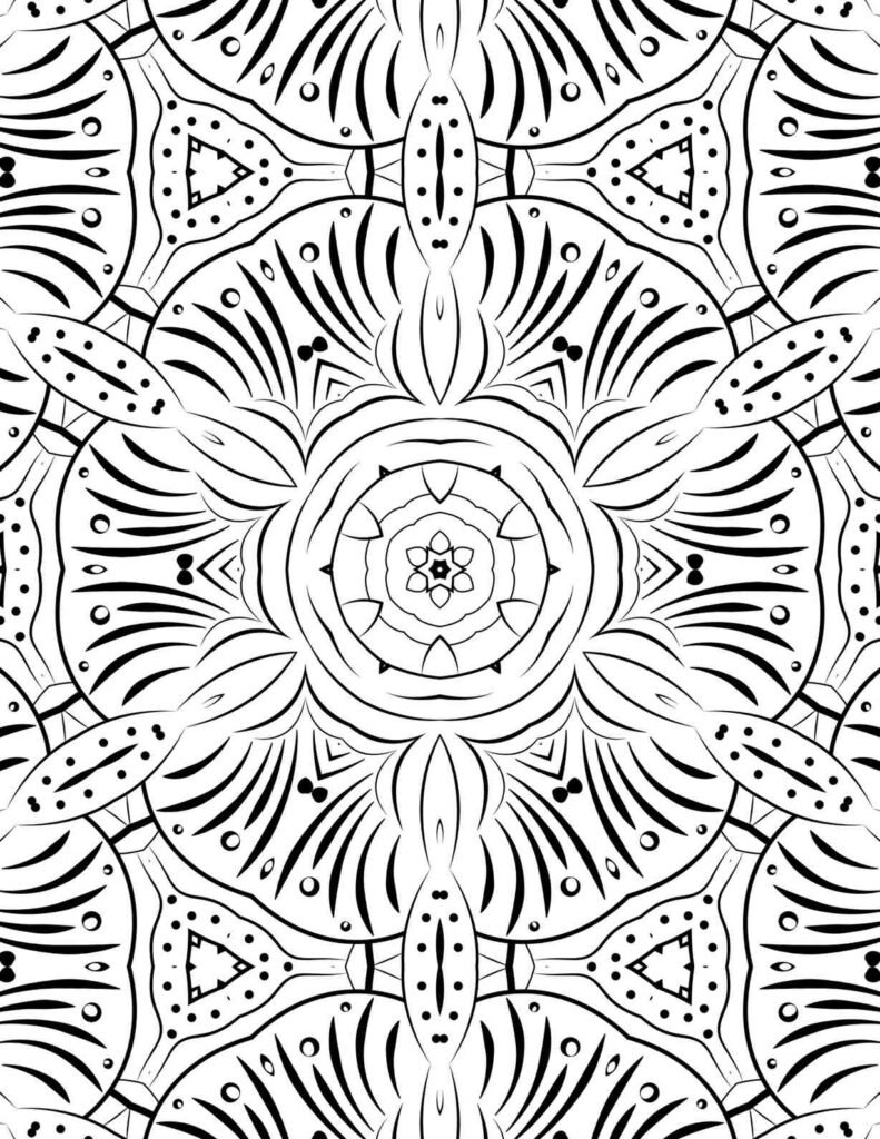 Detailed black and white mandala with a delicate central flower, radiating lines, and geometric flourishes, perfect for stress relief coloring.