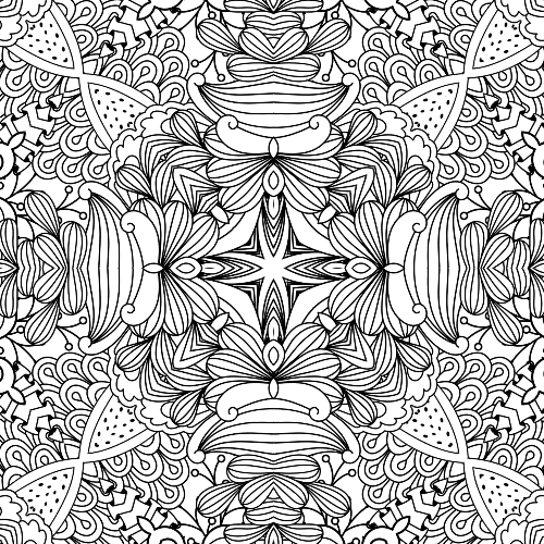 Symmetrical black and white mandala design with echoing patterns and a central star motif, suitable for mindful adult coloring and relaxation.