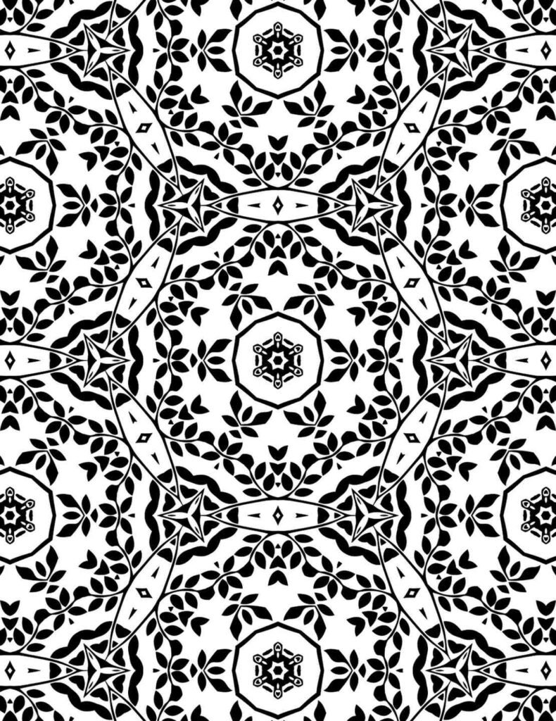 Black and white ethereal vine blossom mandala with intricate leafy patterns and star-shaped floral centers for coloring and meditation.