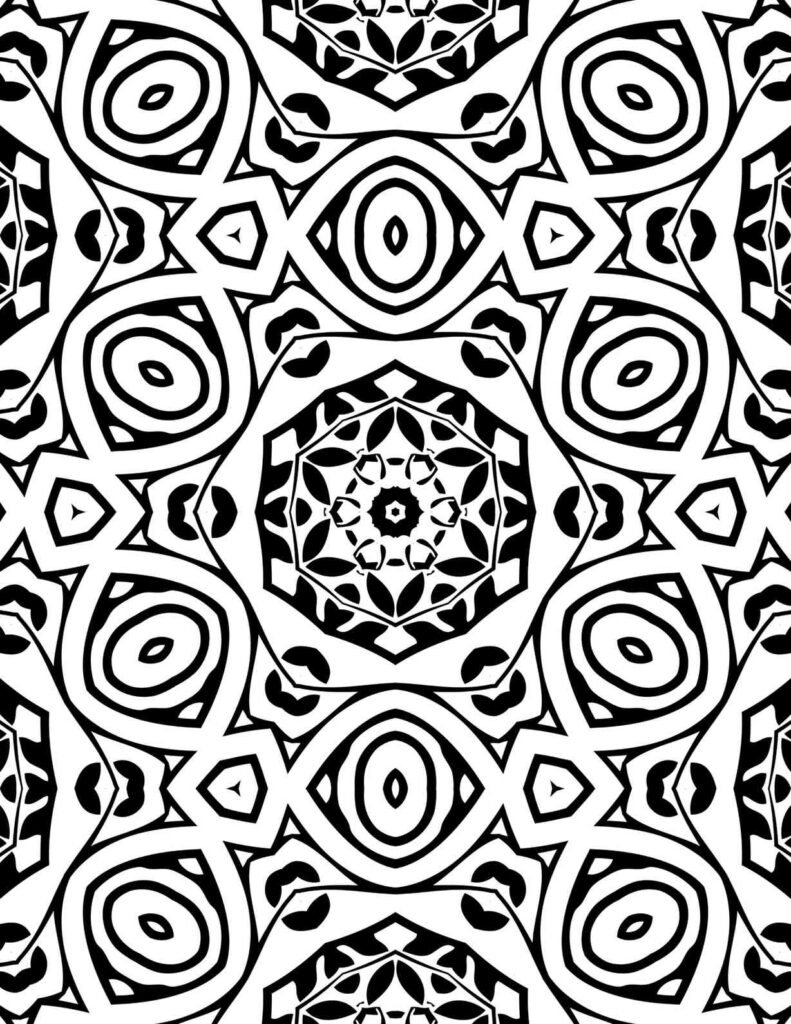 Geometric black and white mandala with concentric ovals and floral center pattern