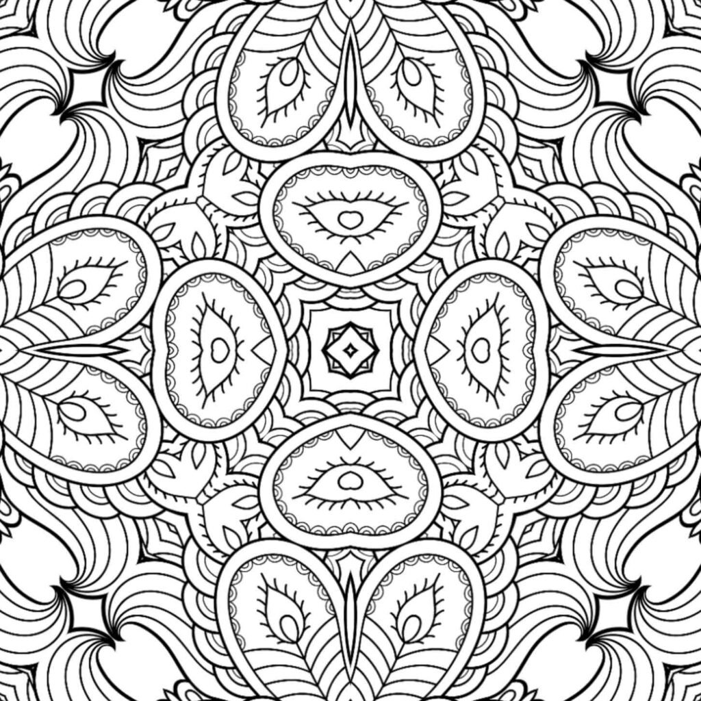 Feathered hearts mandala with heart-shaped center and peacock feather designs for coloring and meditation