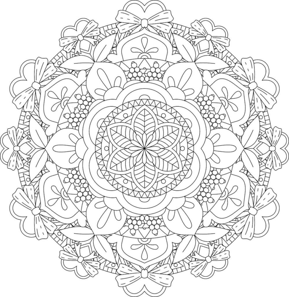 Symmetrical mandala design featuring bows, flowers, and dot patterns, perfect for mindful coloring and creative expression.