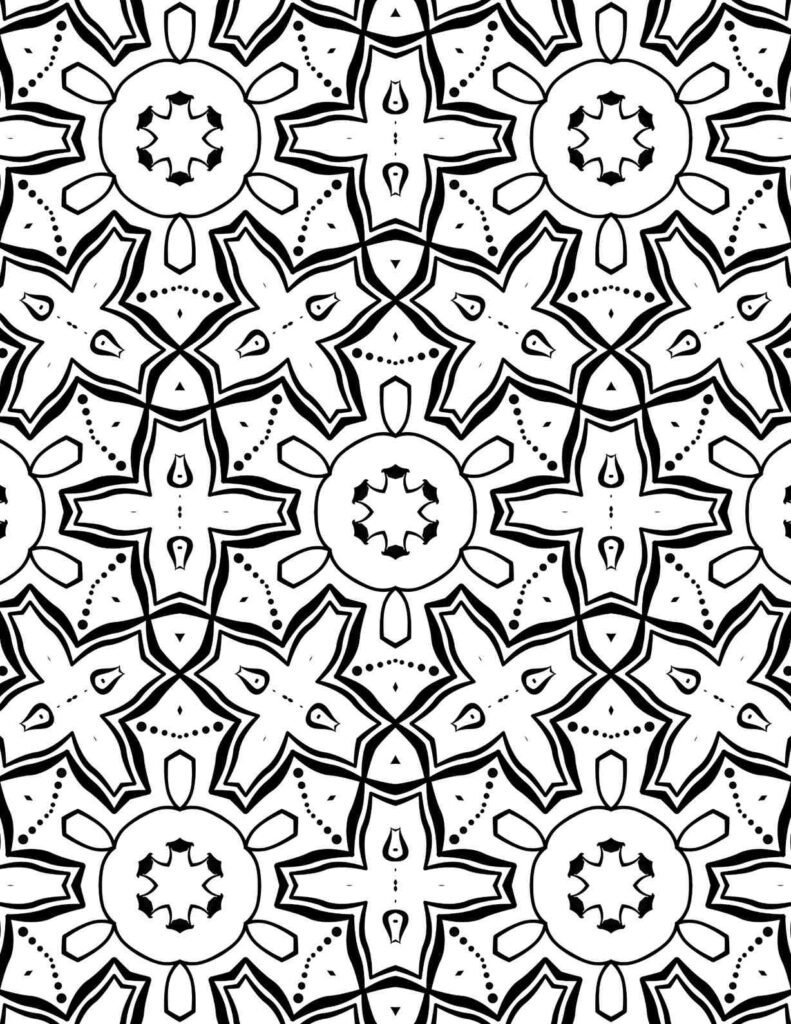 Festive star mandala with notched petals and dotted accents for coloring and meditation