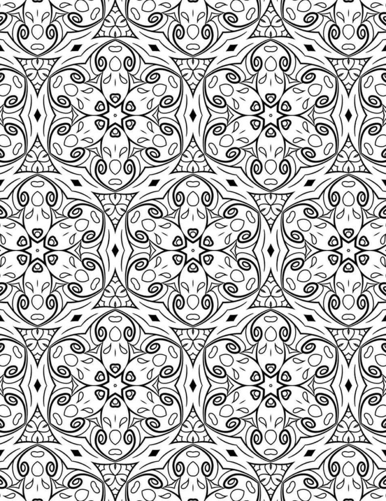 Highly detailed filigree bloom mandala with six-petal flowers, ornate swirls, and delicate connecting patterns, perfect for mindful coloring and stress relief.