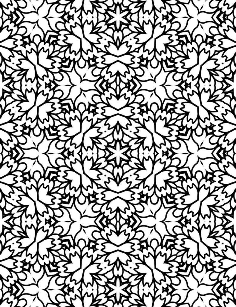Repetitive mandala pattern featuring flame-like leaves and rounded organic shapes in bold black lines