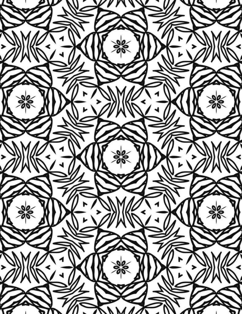 Black and white floral blade mandala with intricate leaf and star patterns for coloring