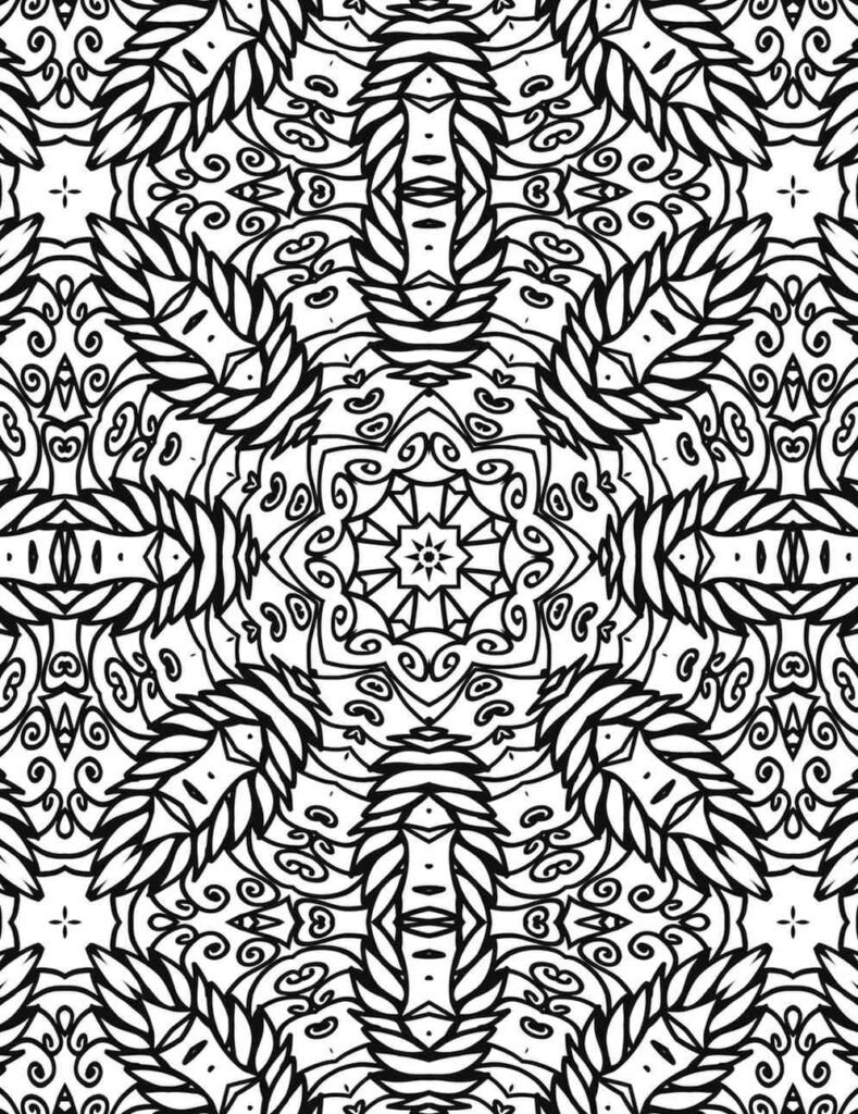 Highly detailed black and white mandala with a central floral star, swirling vines, and repeating symmetrical patterns, ideal for advanced coloring.
