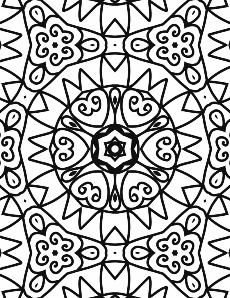 Detailed floral blossom mandala coloring page with intricate patterns