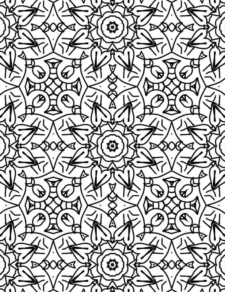 Black and white floral mandala with compass-style symmetry, heart-shaped leaves, and decorative spirals