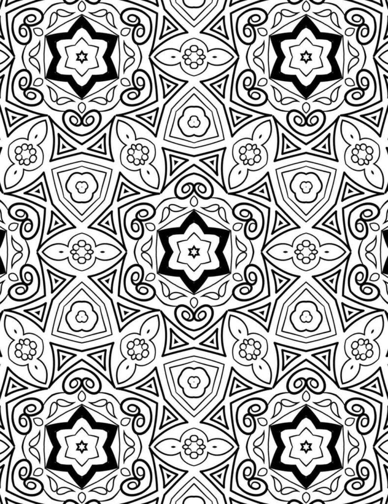 Black-and-white mandala featuring star motifs, floral accents, and geometric patterns with swirls, perfect for coloring and mindfulness practices.