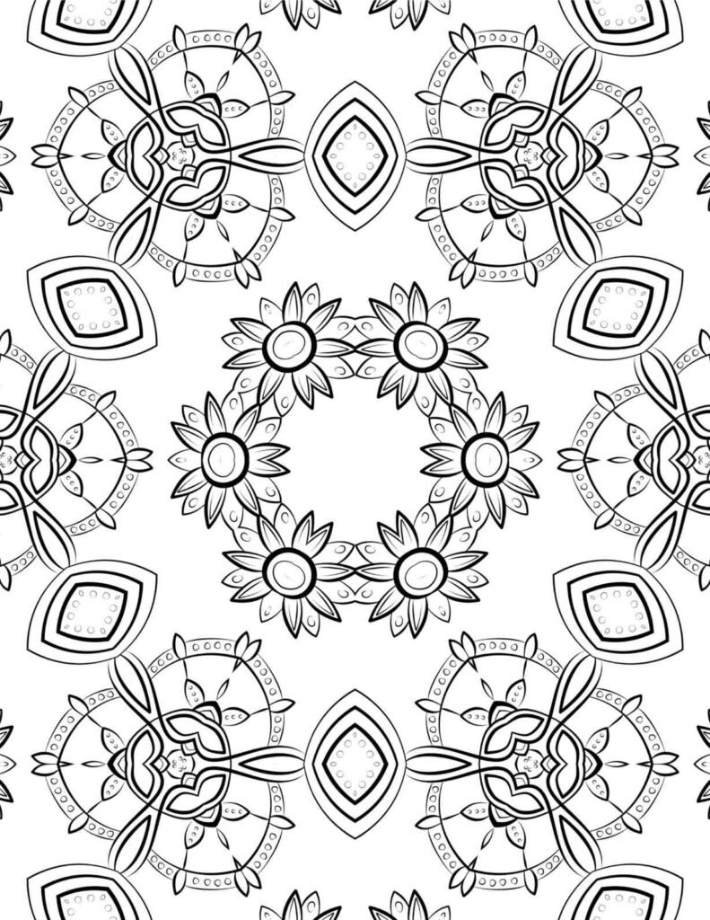Elegant black and white floral crown mandala with diamond accents for coloring and mindfulness