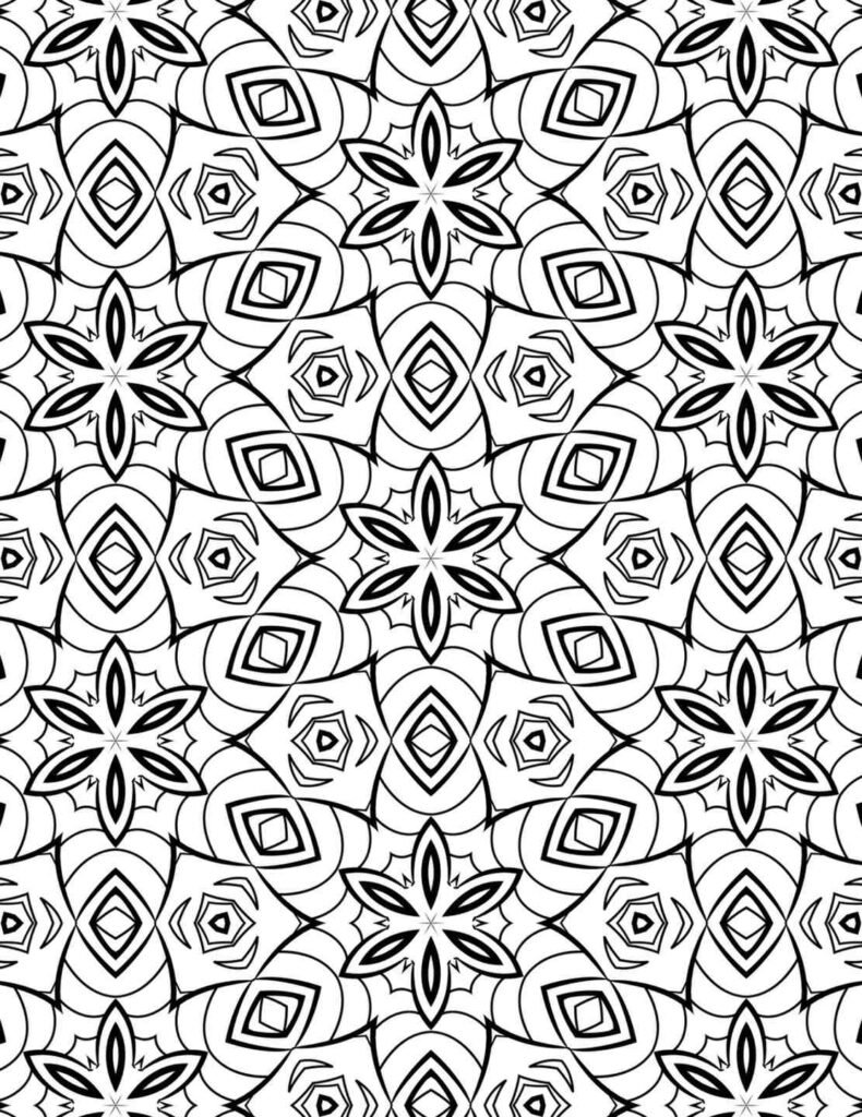 Seamless black and white mandala pattern with petal-shaped floral stars and geometric repetition