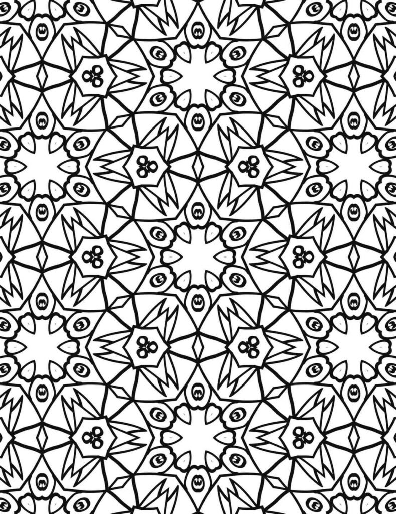 Black and white floral eye mandala with star centers and geometric lines for coloring and meditation
