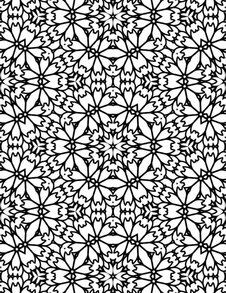 Seamless floral mandala pattern with layered petal geometry and bold black outlines