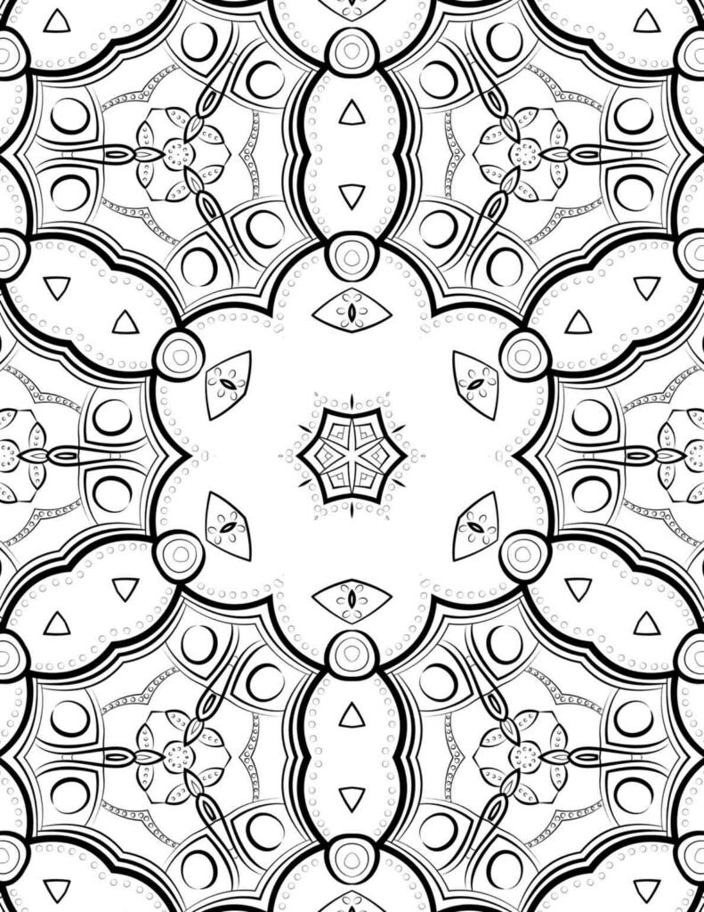 Black and white mandala featuring floral medallions, curved lines, and triangle accents designed for mindful coloring and relaxation.