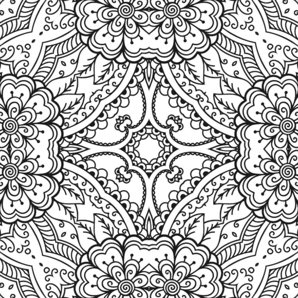 Intricate floral harmony mandala with swirling petals and symmetrical patterns for coloring and meditation
