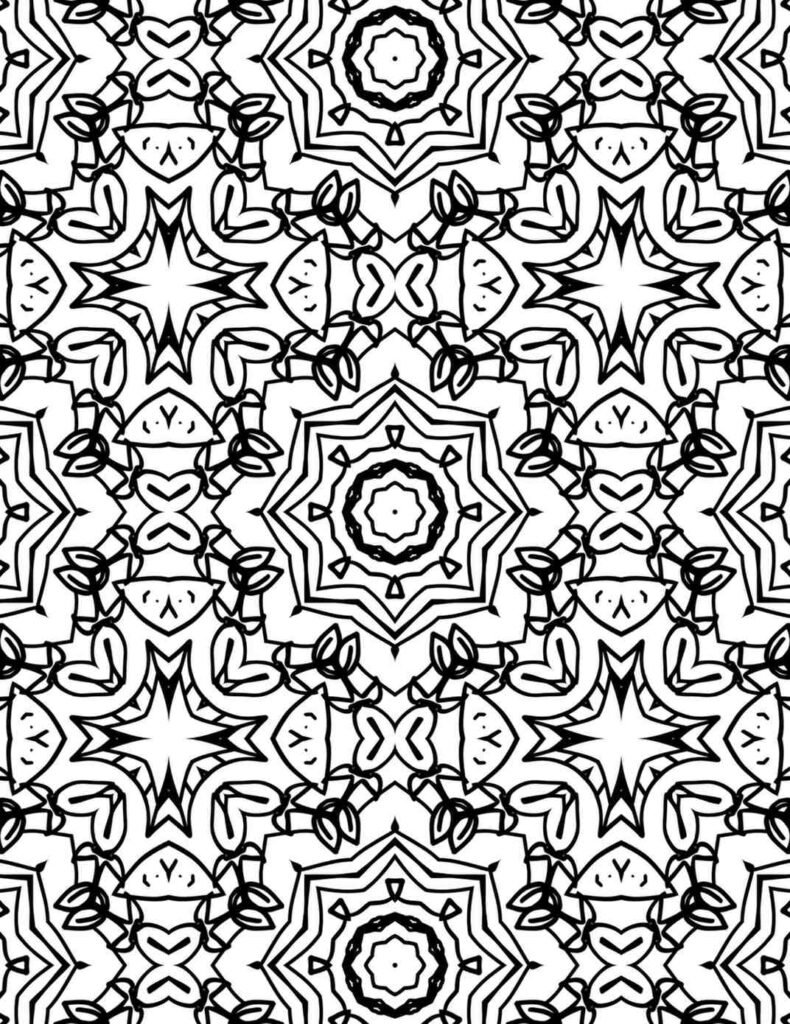 Detailed floral mandala pattern with heart and petal shapes for mindfulness coloring and creative projects
