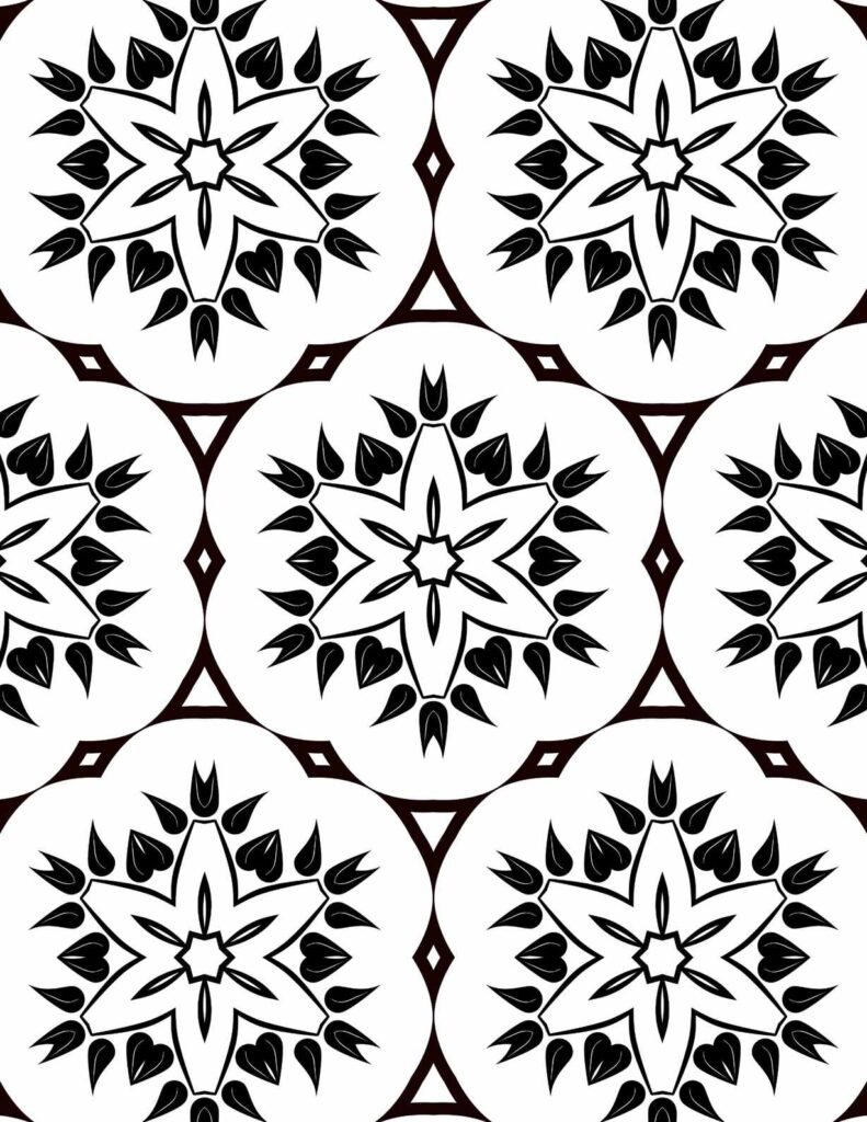 Intricate black and white floral heartstar mandala with heart-shaped petals and diamond borders for coloring and mindfulness.