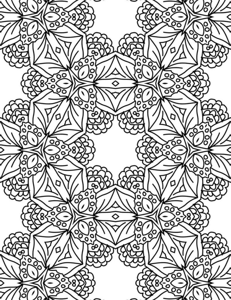 Intricate black and white floral hex mandala with layered petal patterns for coloring and mindfulness