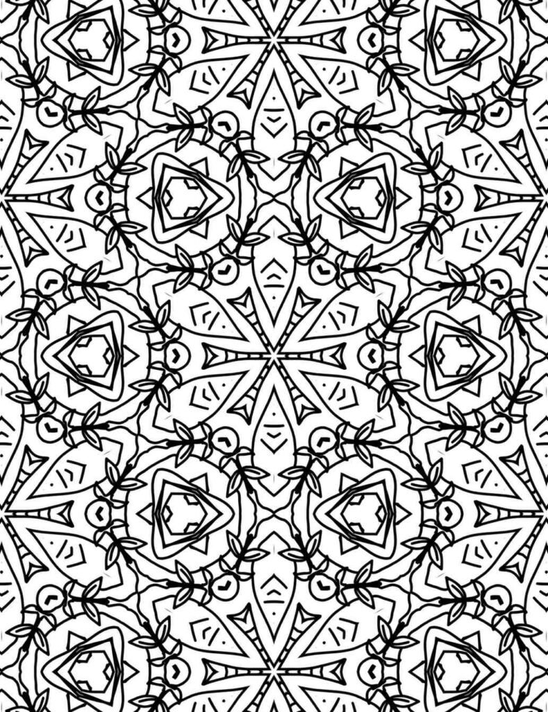 Intricate floral kaleidoscope mandala with triangular and leaf patterns for coloring and relaxation