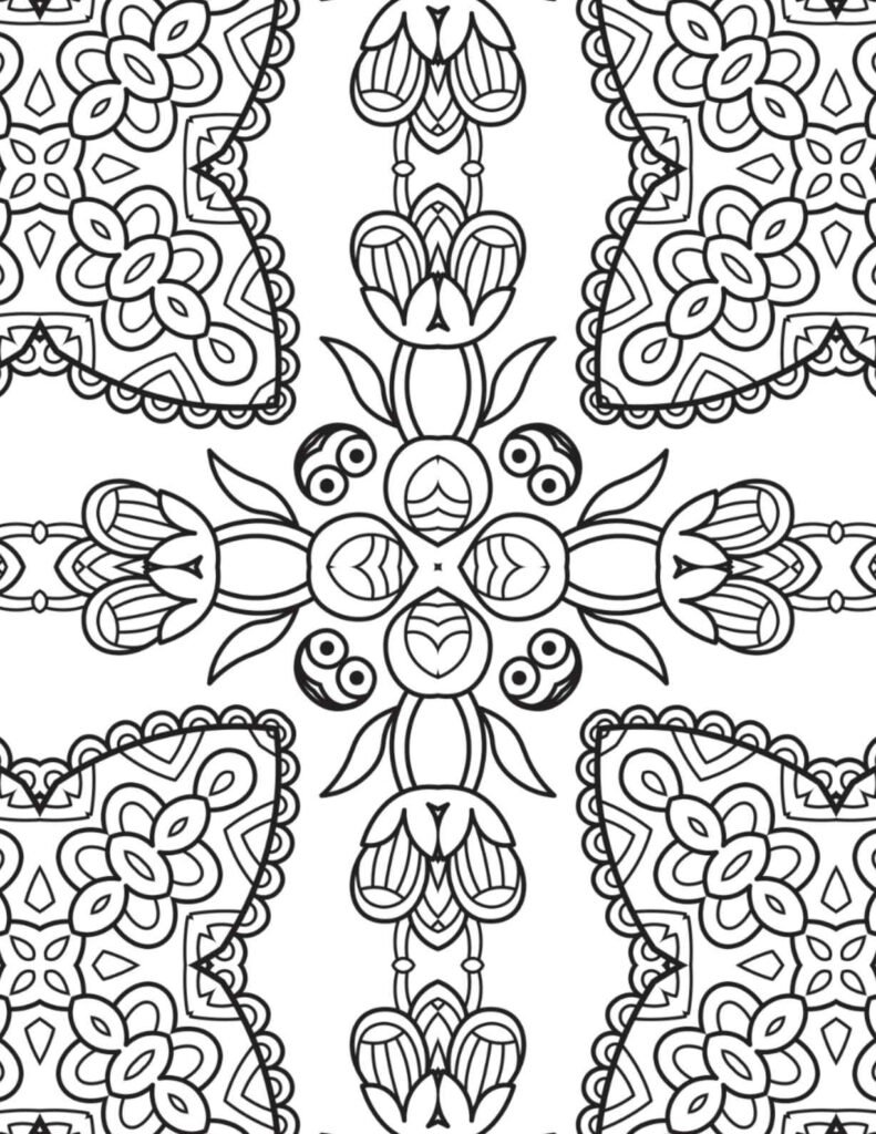 Intricate floral mandala coloring page with blooming patterns, perfect for stress relief and creative expression.