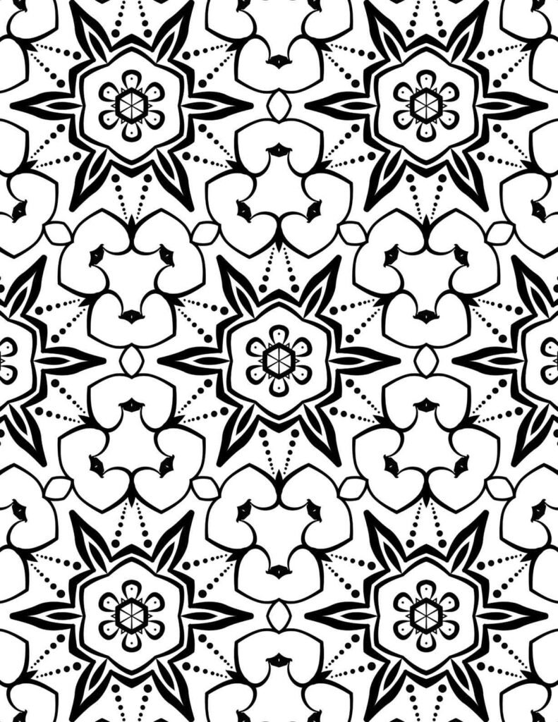 Black and white seamless floral mandala design featuring petal-like motifs, geometric centers, and dotted radiating patterns.